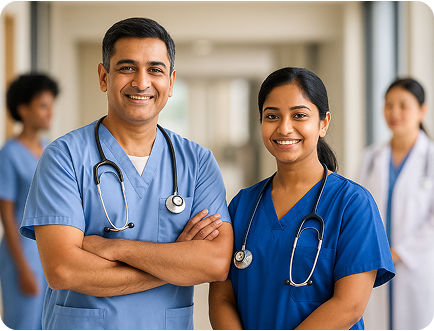 Two healthcare professionals in light blue scrubs with stethoscopes, representing diversity in healthcare